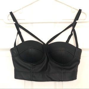 BLACK LEATHER BUSTIER BRA TOP